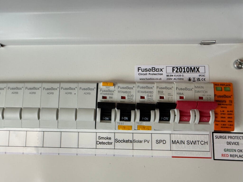 Fuse box with labelled circuit breakers.