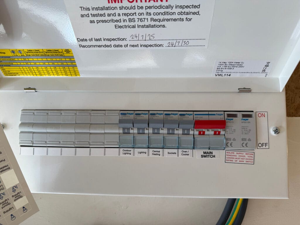 Electrical distribution box with labelled circuit breakers.