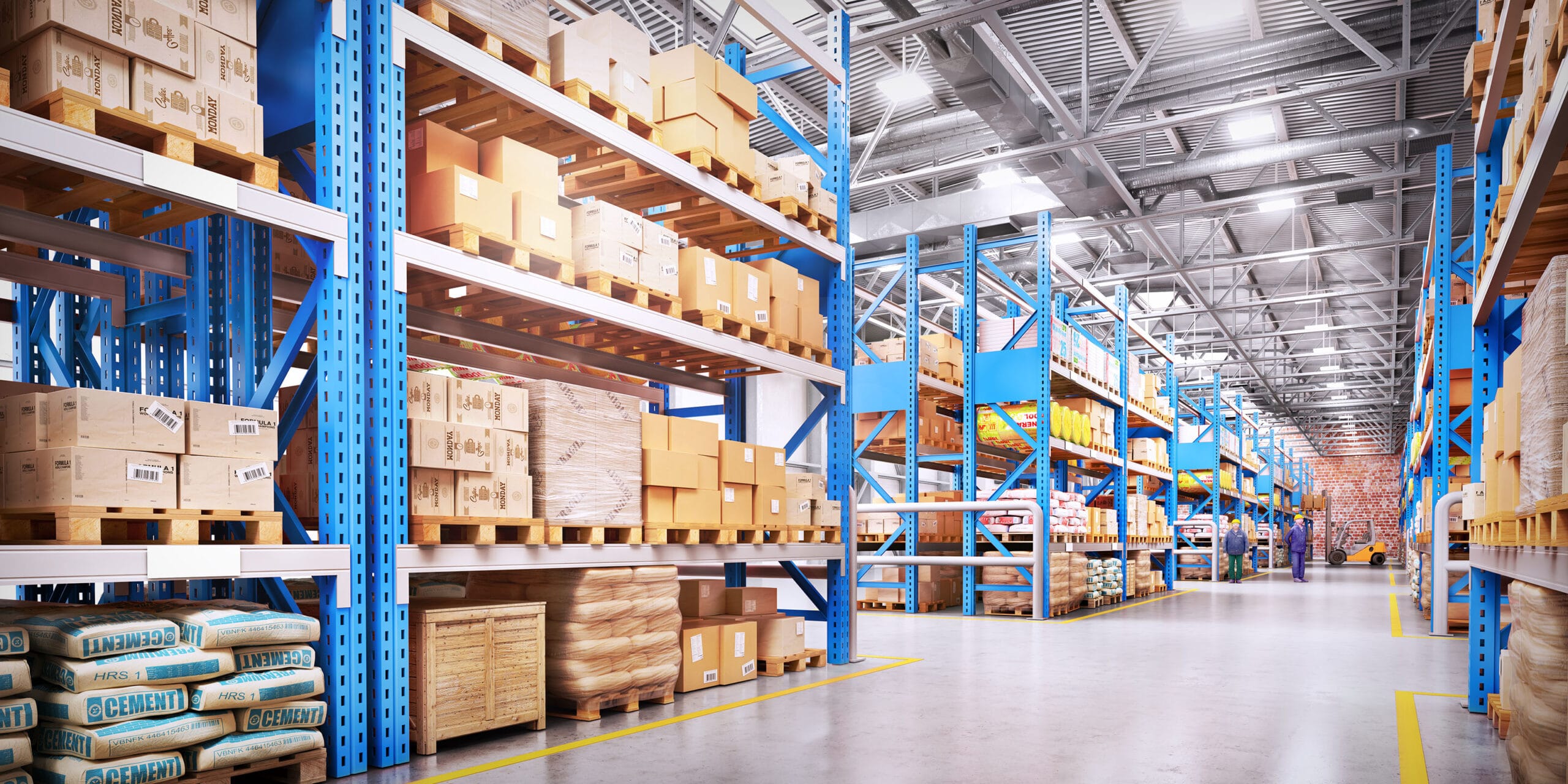Spacious warehouse with shelves and boxes.